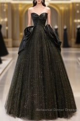 Glitter A-Line Sweetheart Neck Tulle Satin Ballgown Black Long Semi Formal Prom Dress Sparkly Evening Dress